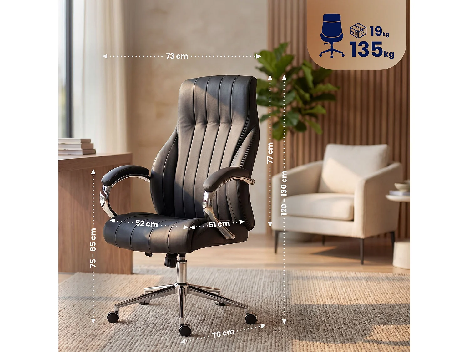 Chaise de bureau - Véritable cuir & Nature - Noir - Wigan
