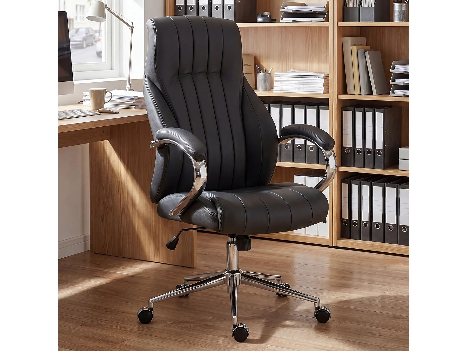 Chaise de bureau - Véritable cuir & Nature - Noir - Wigan