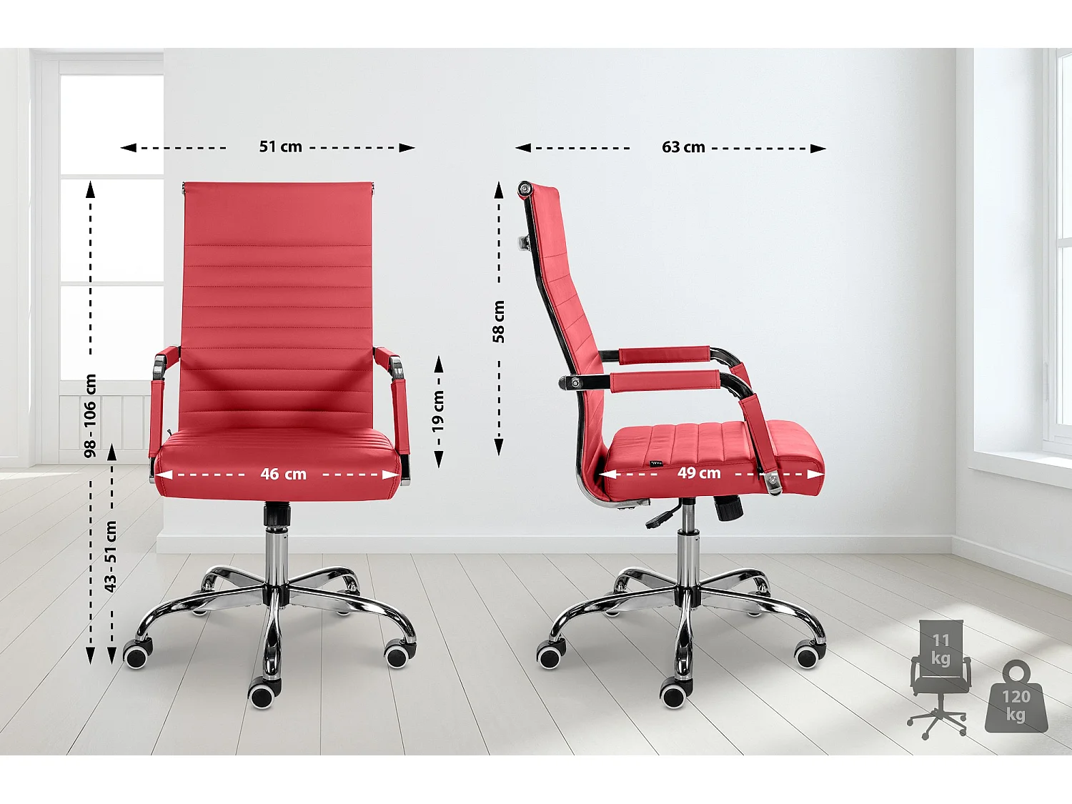 Chaise de bureau - Similicuir & Métal chromé - Rouge - Amadora