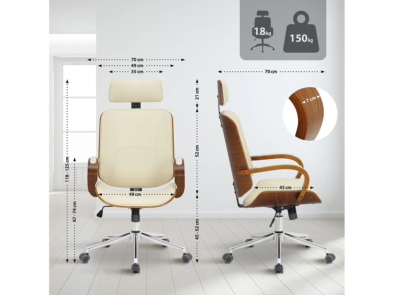 Chaise de bureau - Similicuir - Noyer / Crème - Dayton