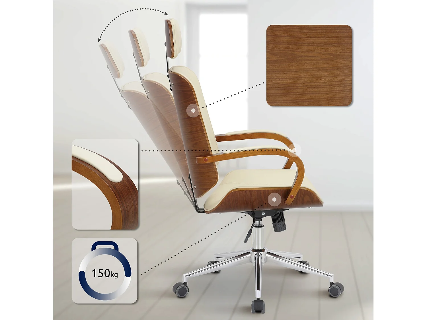 Chaise de bureau - Similicuir - Noyer / Crème - Dayton