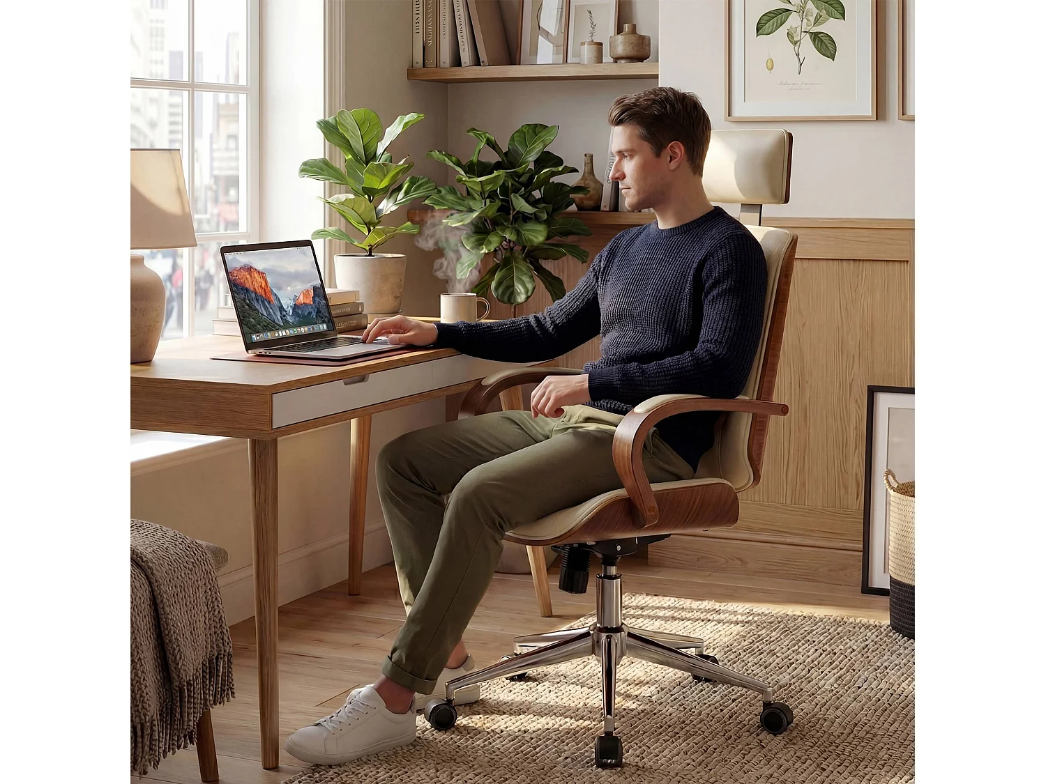 Chaise de bureau - Similicuir - Noyer / Crème - Dayton