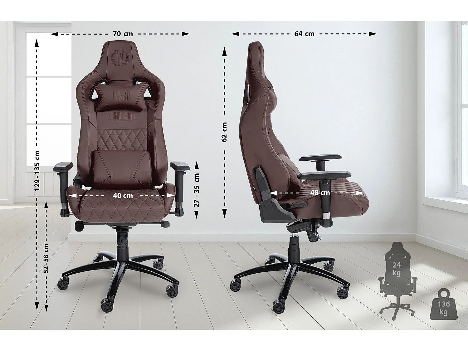 Chaise de bureau - Véritable cuir & Antique clair - Marron - Keren