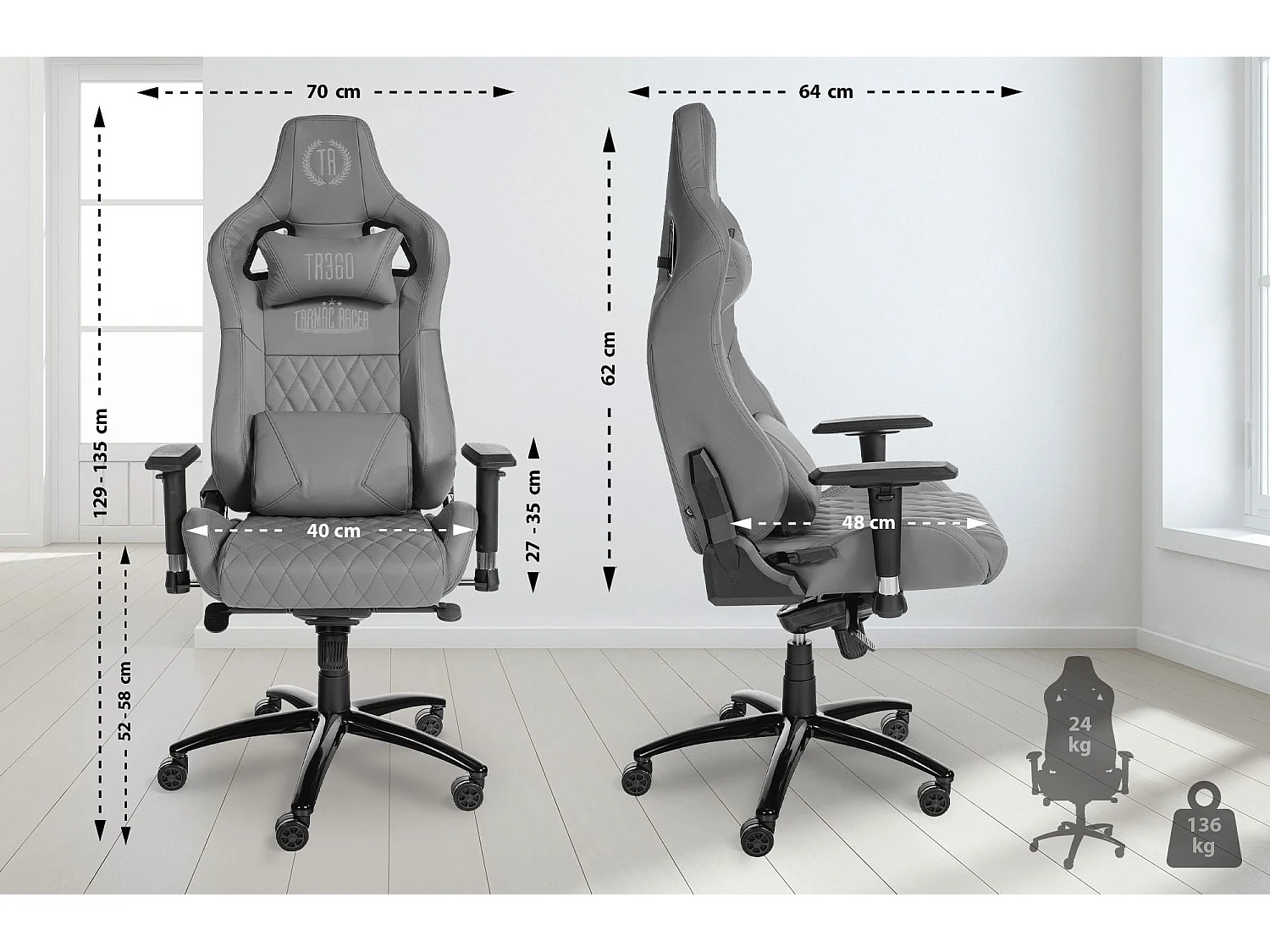 Chaise de bureau - Véritable cuir & Antique clair - Gris - Keren