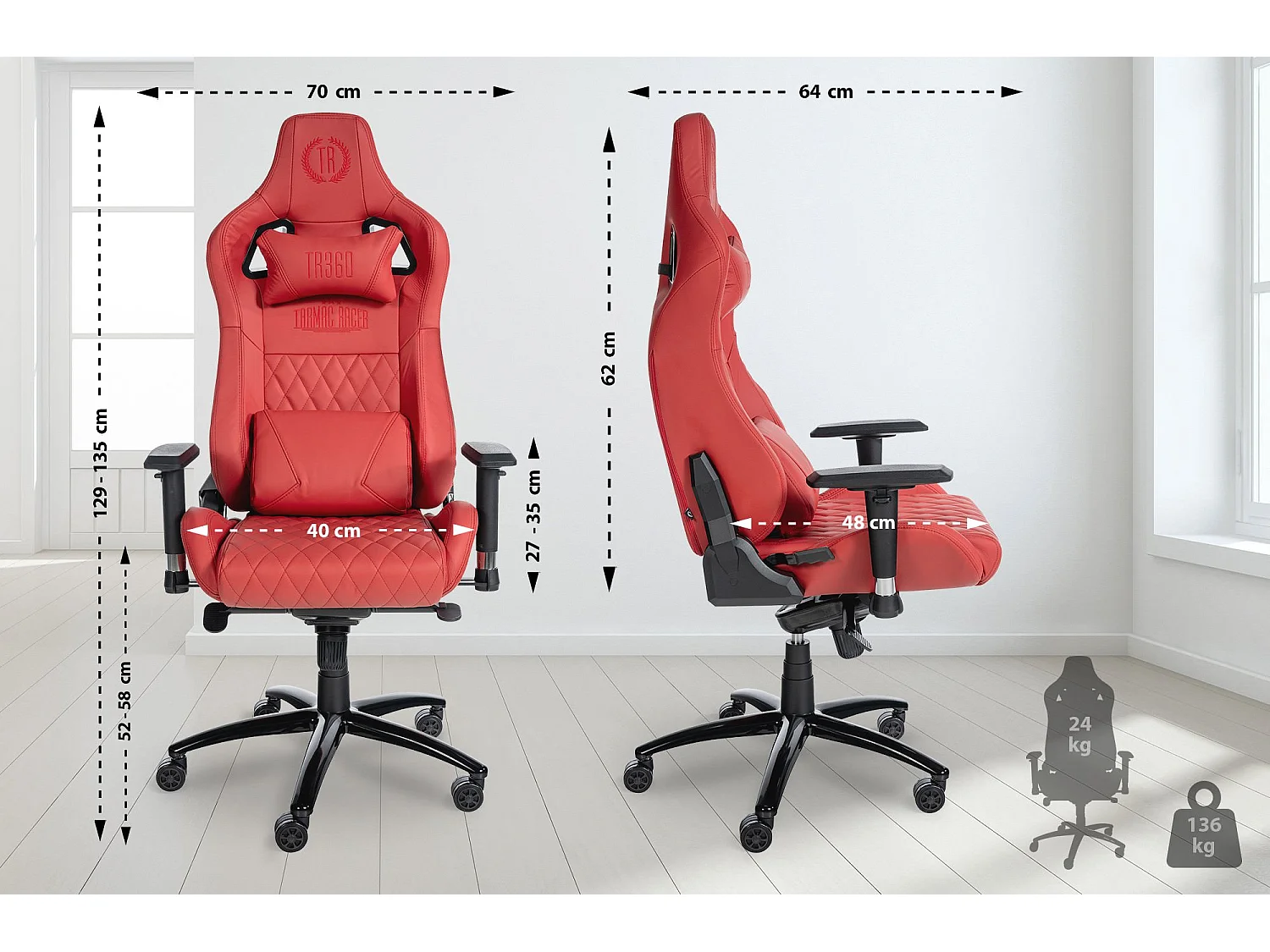 Chaise de bureau - Véritable cuir & Métal - Rouge - Keren