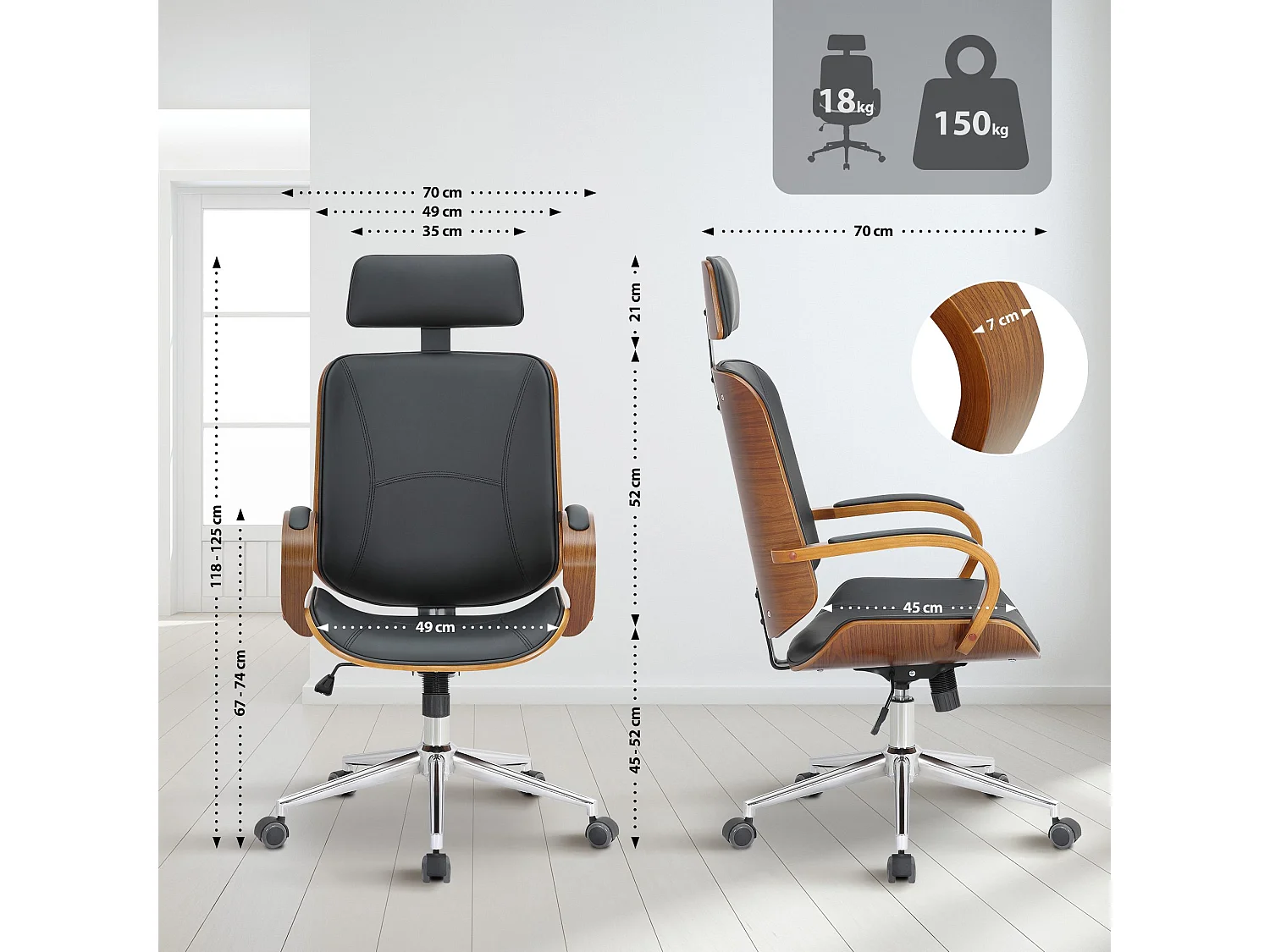 Chaise de bureau - Similicuir - Noyer / Noir - Dayton