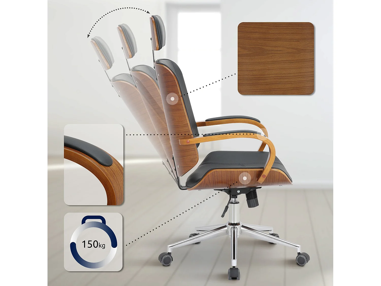 Chaise de bureau - Similicuir - Noyer / Noir - Dayton