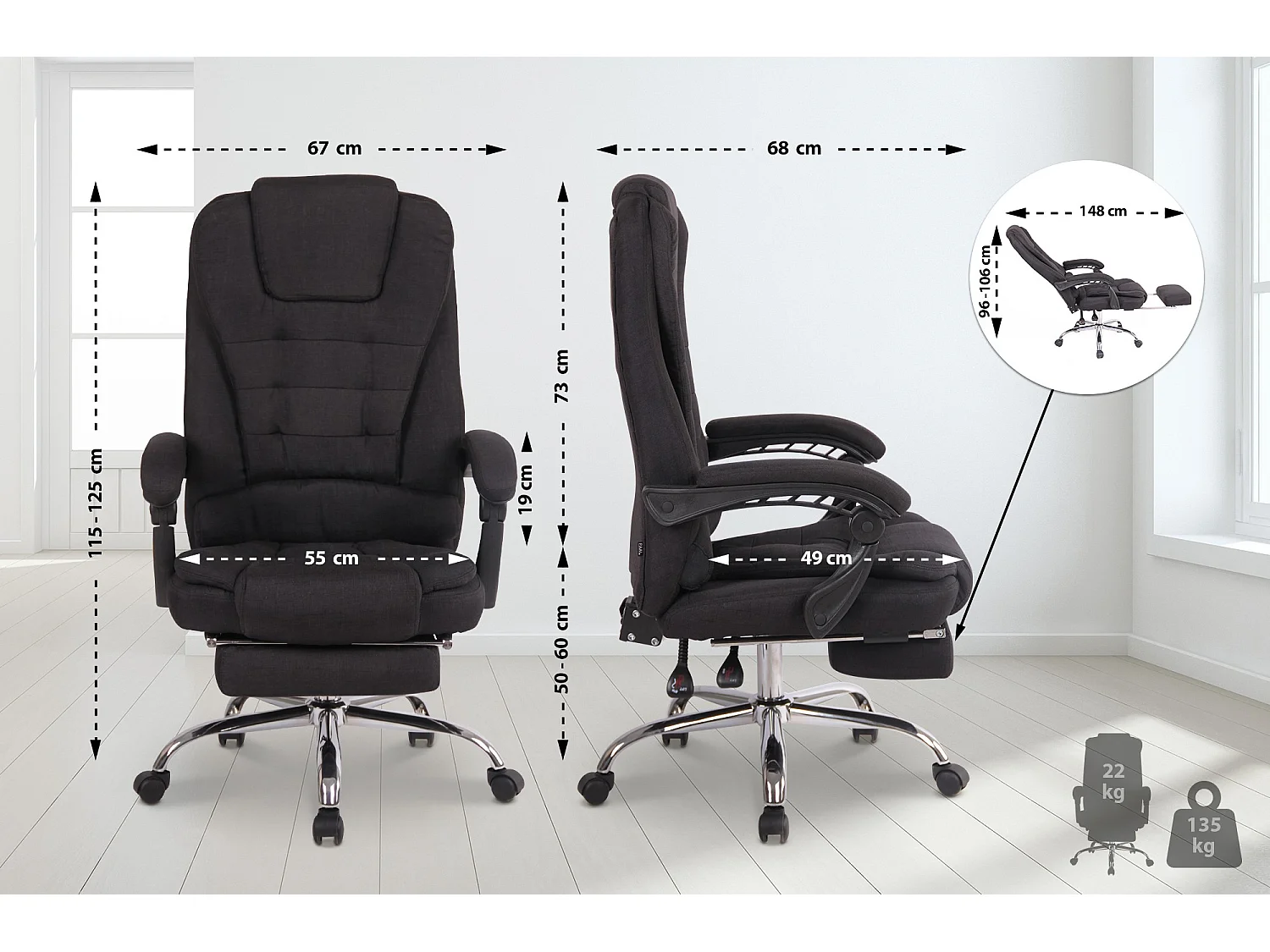 Chaise de bureau - Tissu & Métal chromé - Noir - Oxygen