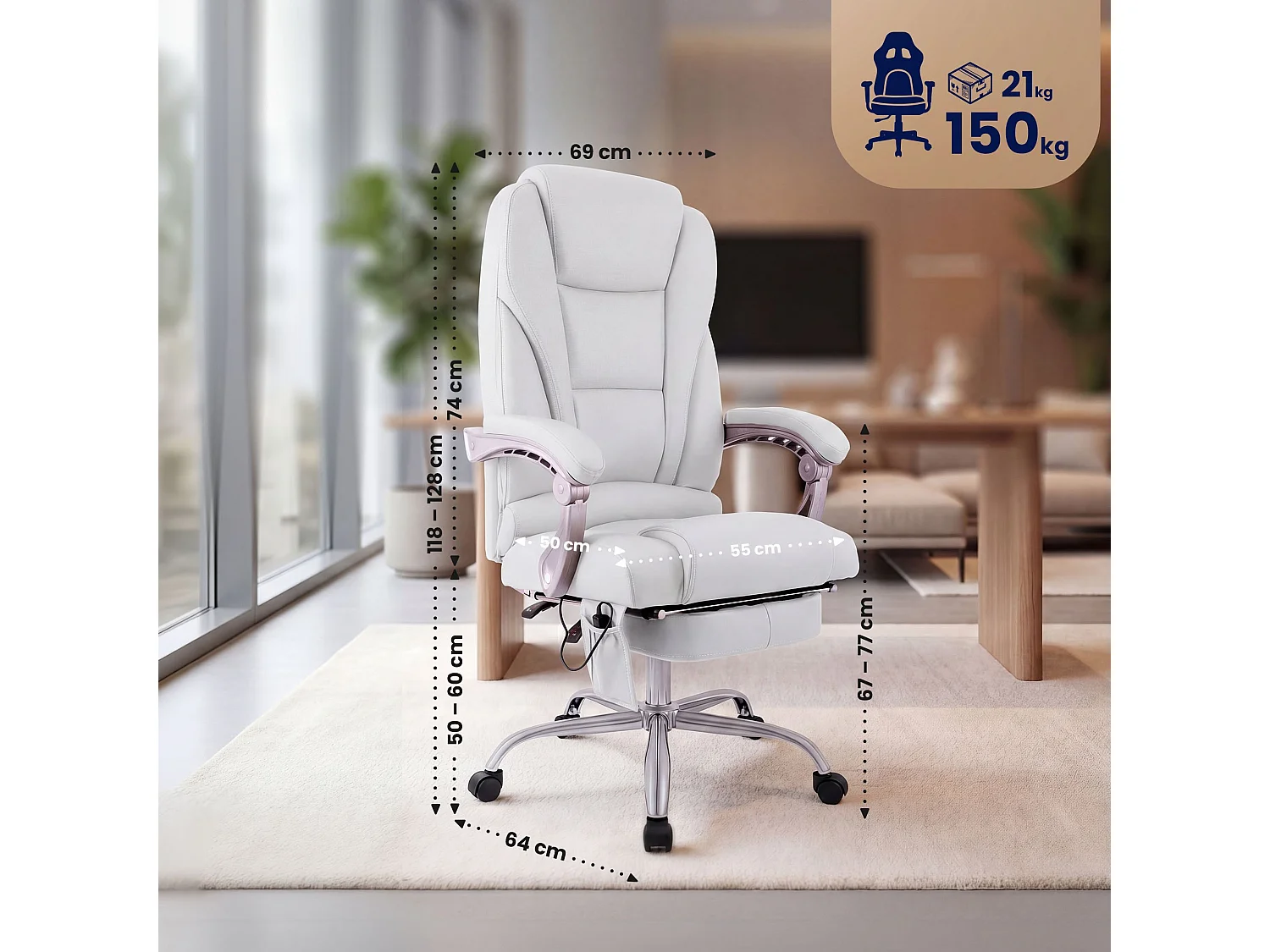 Chaise de bureau - Véritable cuir - Blanc - Pacific