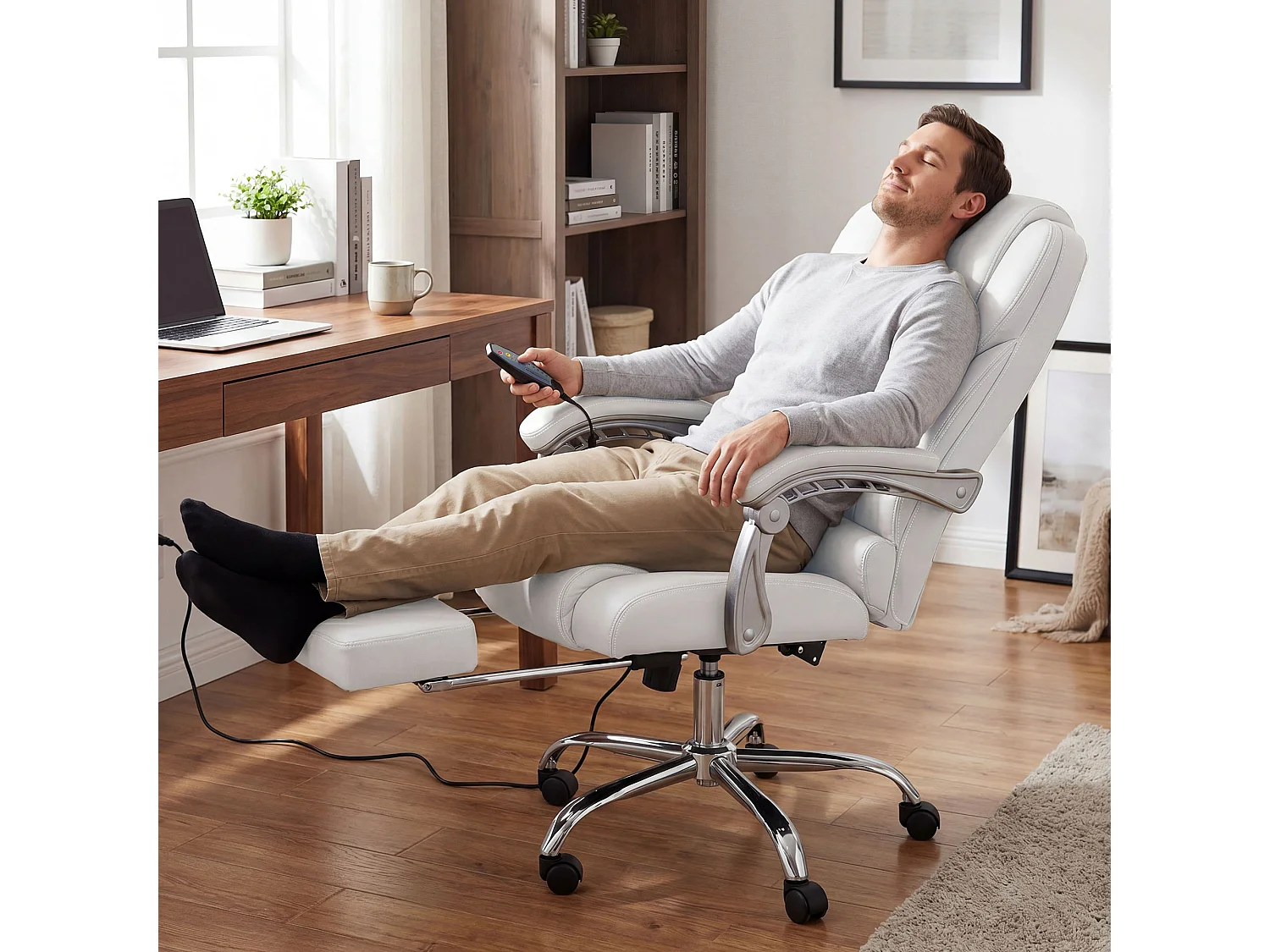 Chaise de bureau - Véritable cuir - Blanc - Pacific