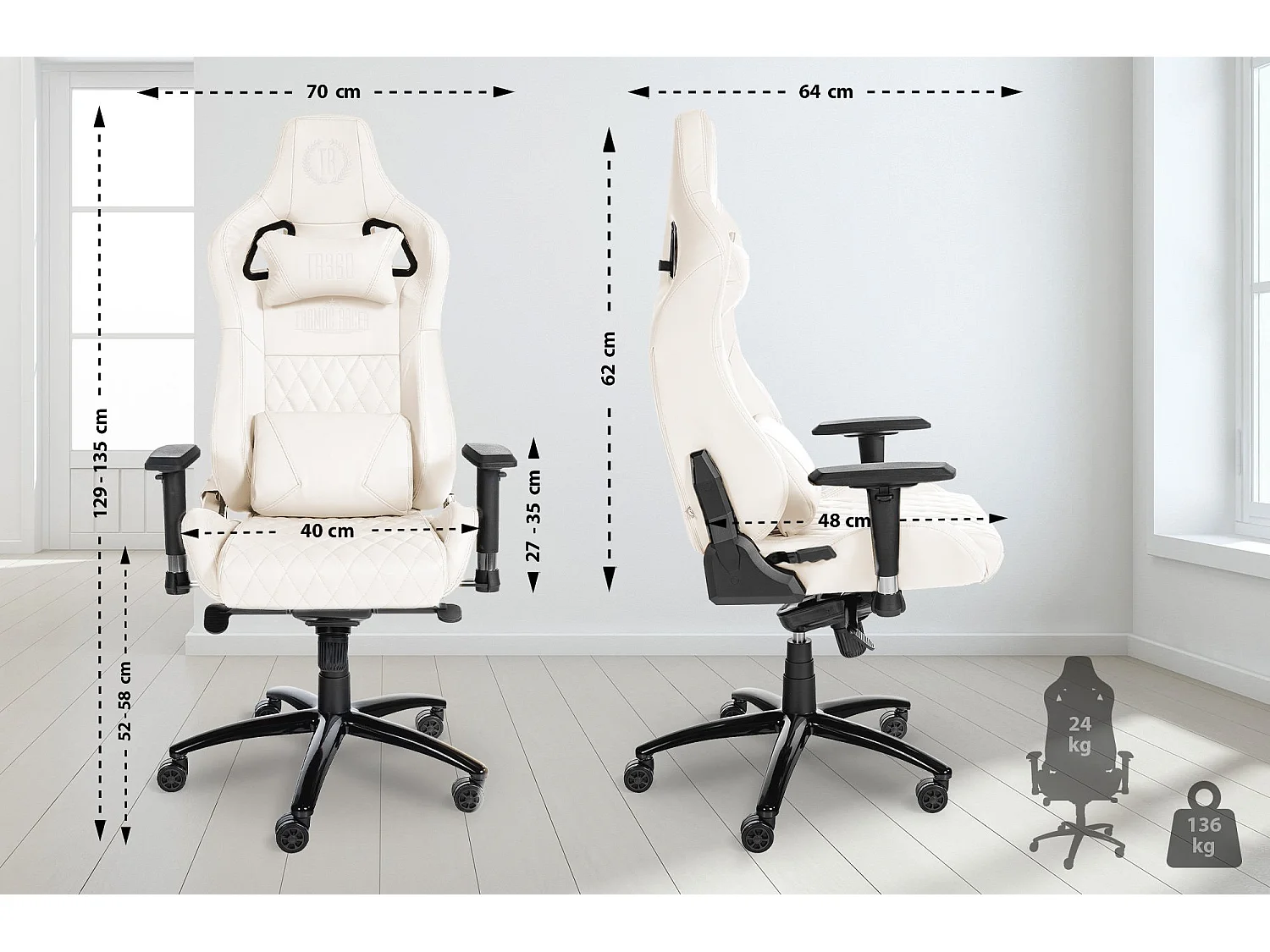 Chaise de bureau - Véritable cuir & Métal - Blanc - Keren