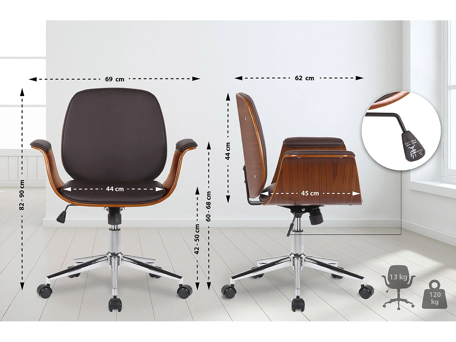 Bureaustoel - Hout & Metaal - walnoot/bruin - Kemberg