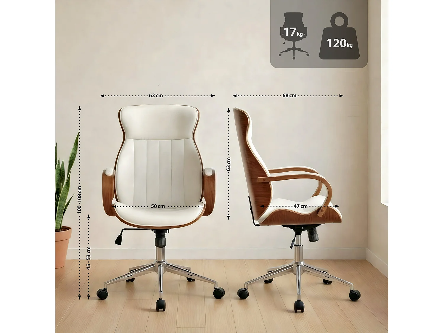 Chaise de bureau - Similicuir & Antique clair - Noyer / Blanc - Melilla
