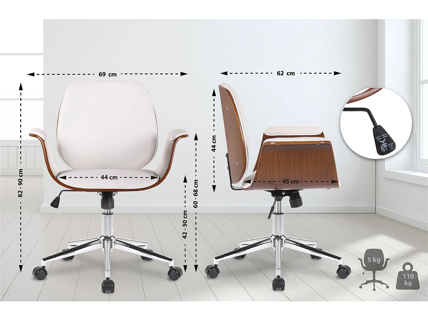 Chaise de bureau - Bois & Métal - Noyer / Blanc - Kemberg