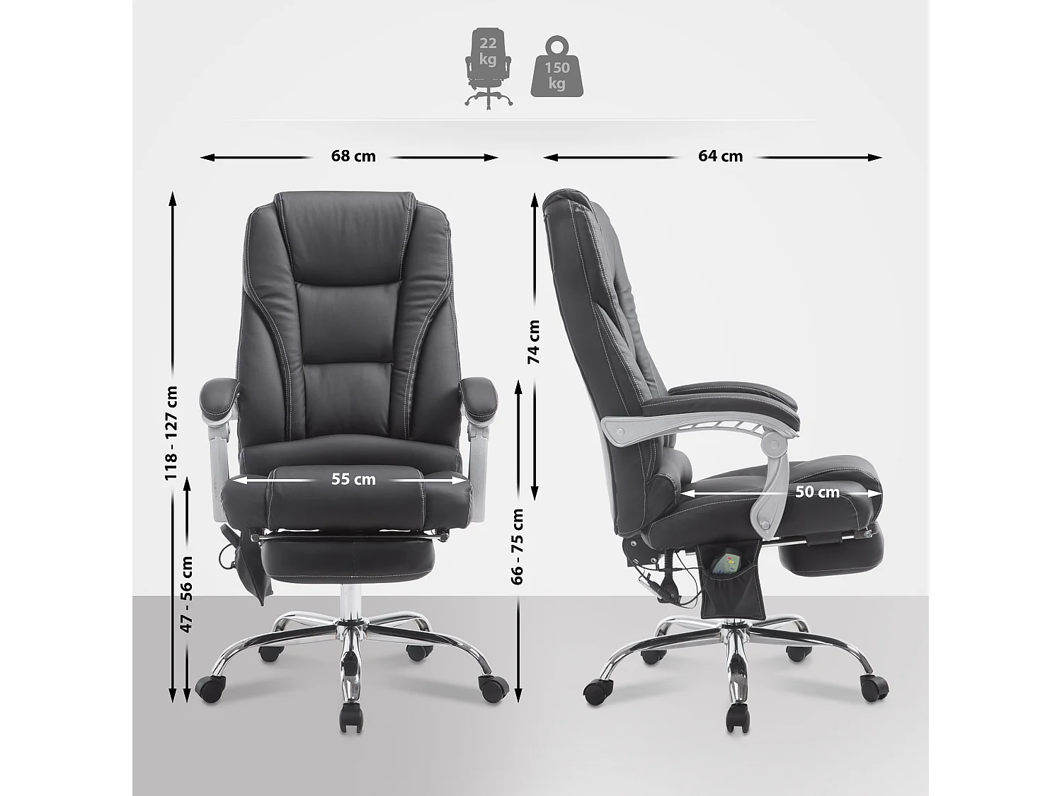 Chaise de bureau - Similicuir & Métal chromé - Noir - Pacific
