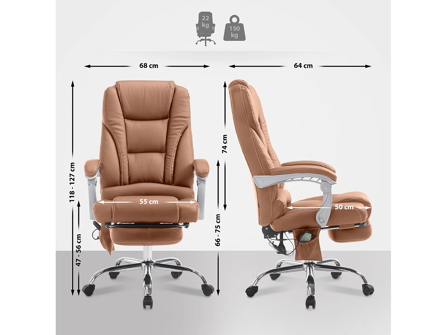 Chaise de bureau - Similicuir & Métal chromé - Marron clair - Pacific