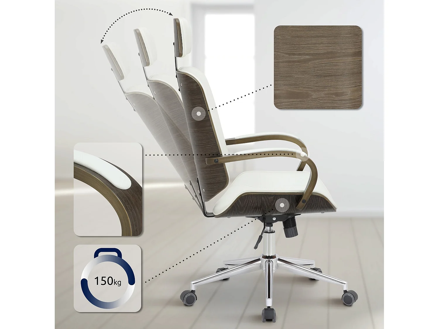 Chaise de bureau - Similicuir - Blanc / Gris - Dayton