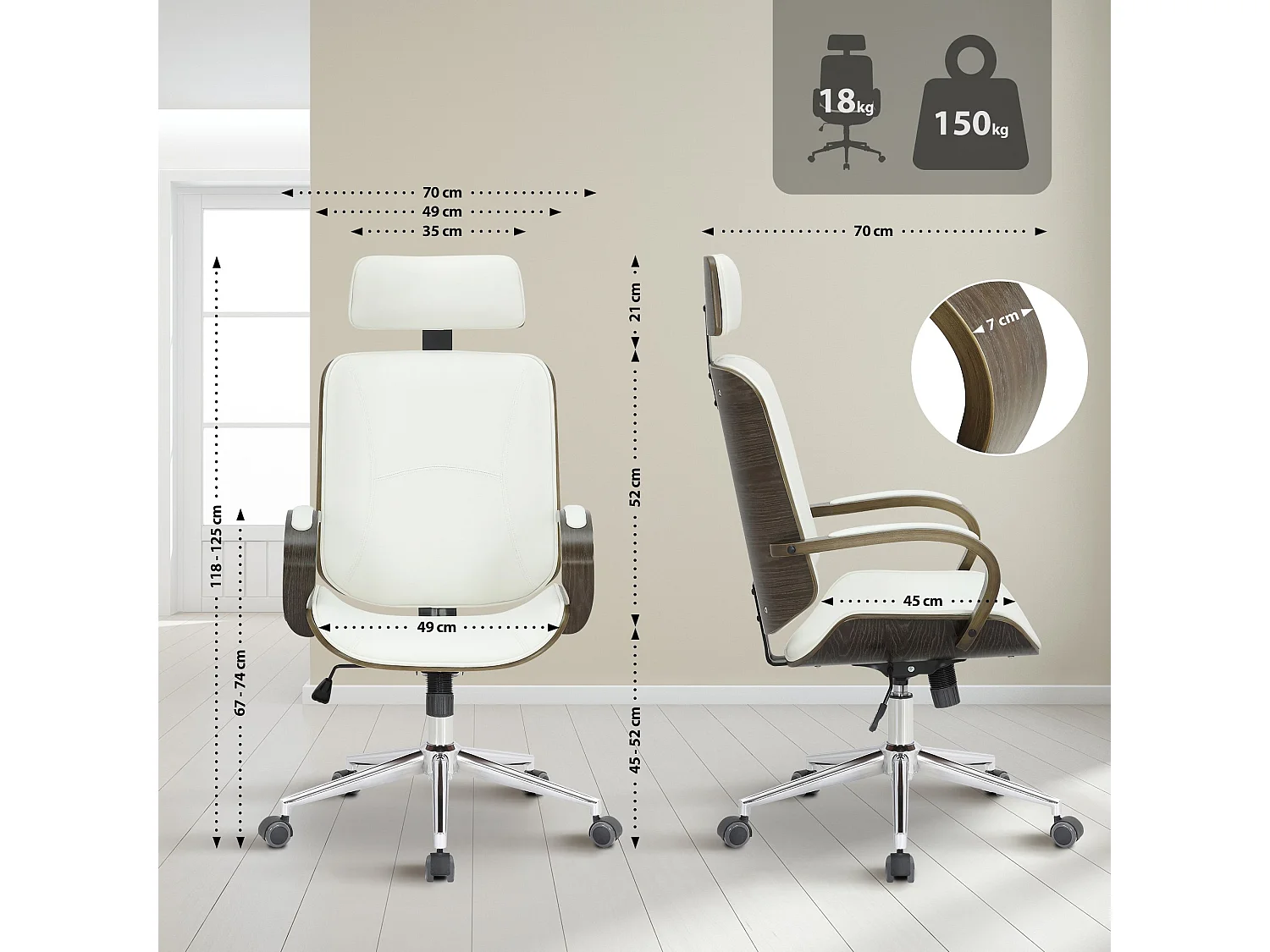 Chaise de bureau - Similicuir - Blanc / Gris - Dayton