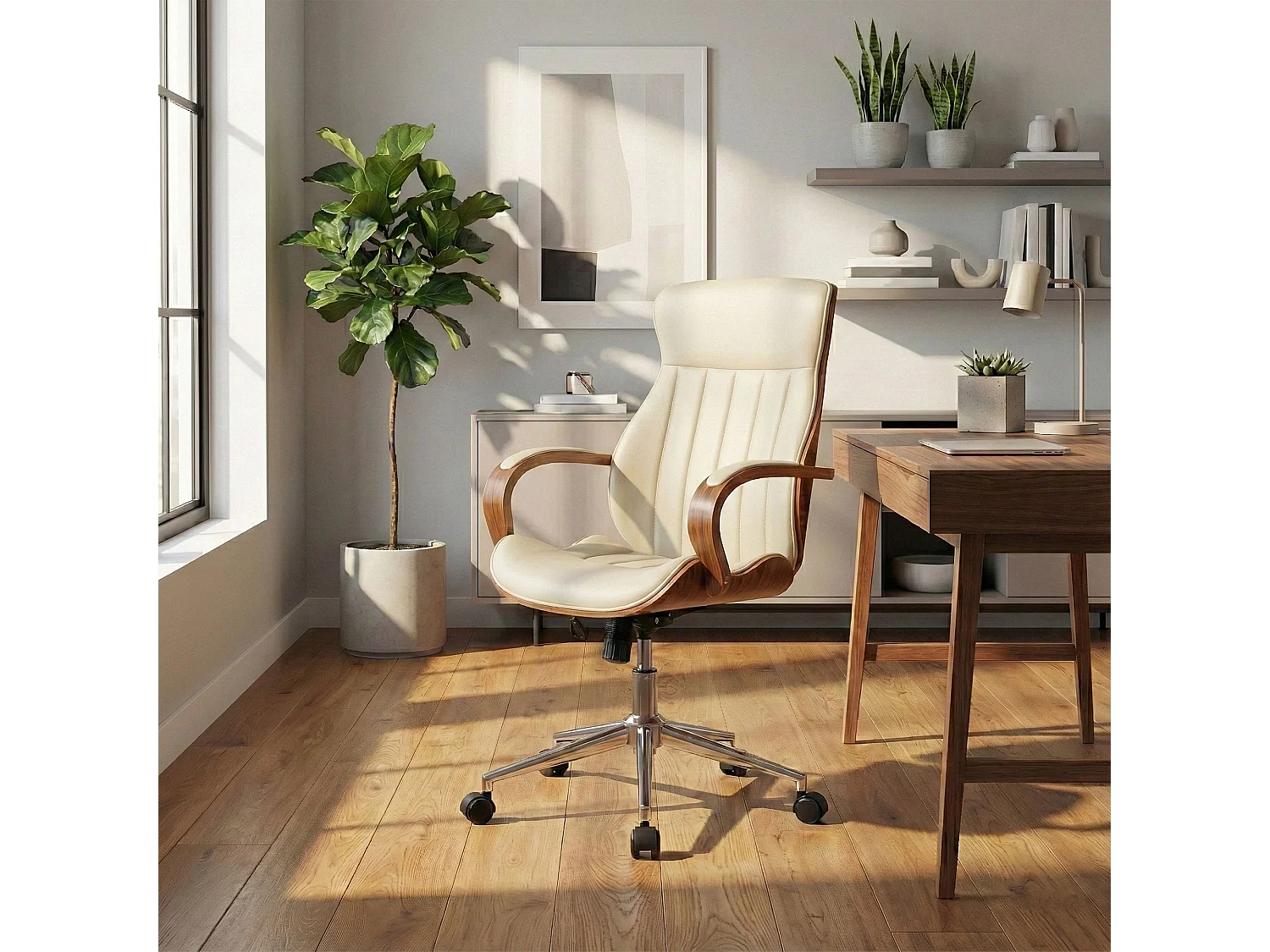 Bürostuhl - Kunstleder & schwarz - walnuss/creme - Melilla
