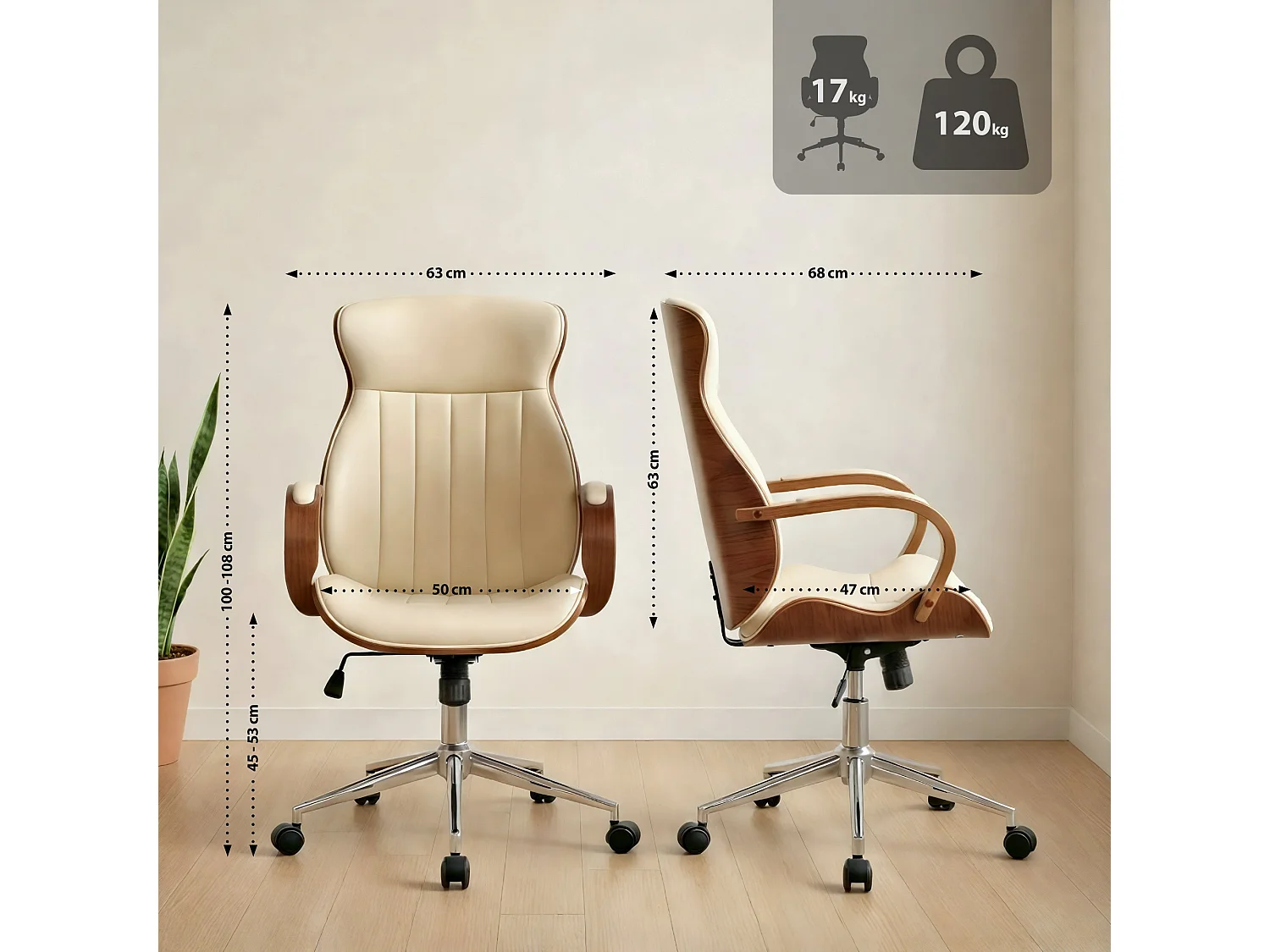 Chaise de bureau - Similicuir & Antique clair - Noyer / Crème - Melilla