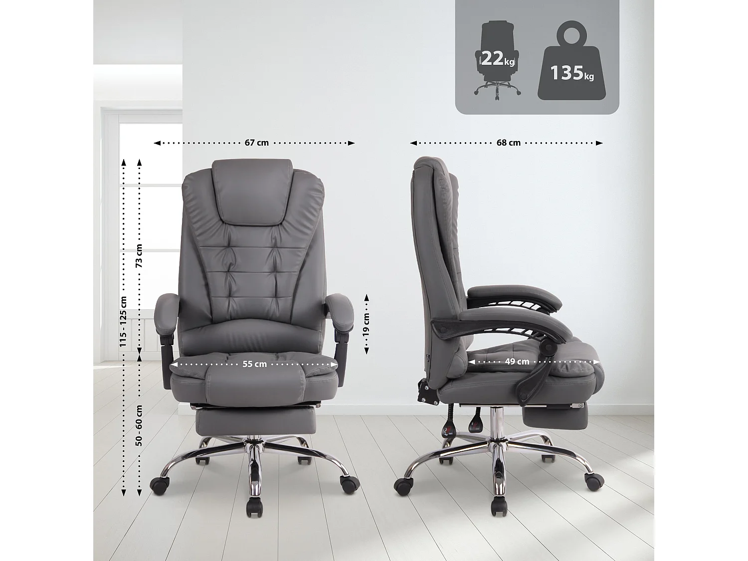 Chaise de bureau - Similicuir - Gris - Oxygen