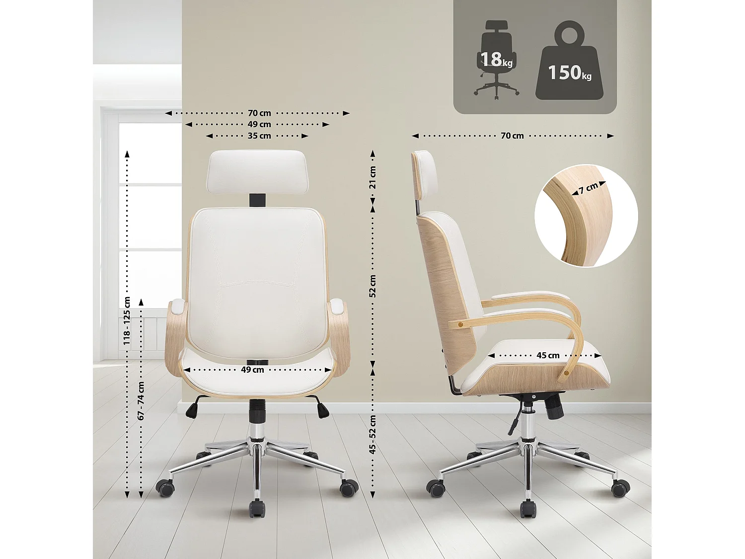 Chaise de bureau - Similicuir - Nature / Blanc - Dayton