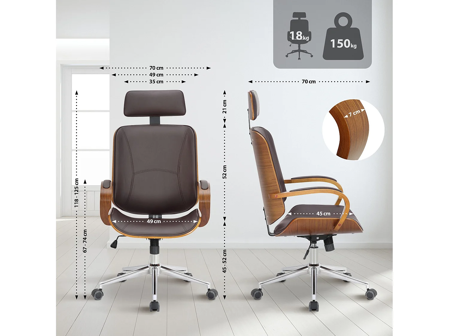 Chaise de bureau - Similicuir - Noyer / Marron - Dayton