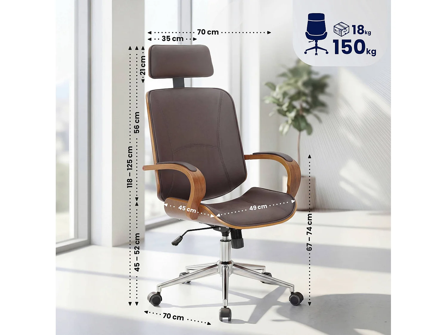 Bürostuhl - Kunstleder & edelstahl - walnuss/braun - Dayton