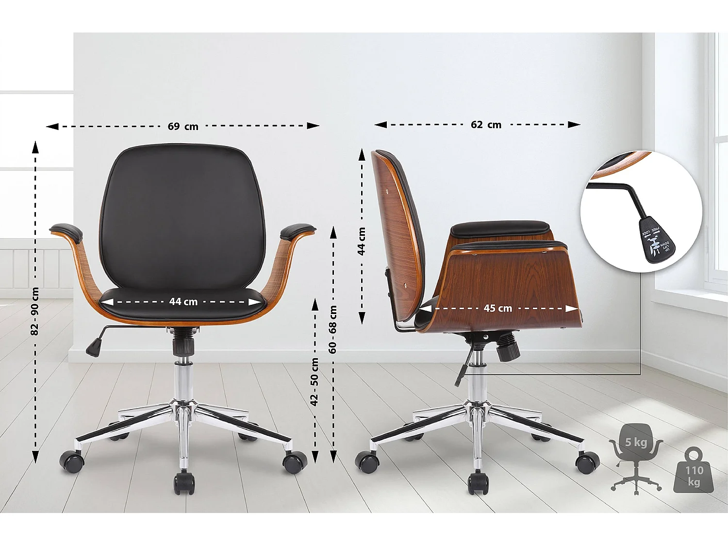 Chaise de bureau - Bois & Métal - Noyer / Noir - Kemberg