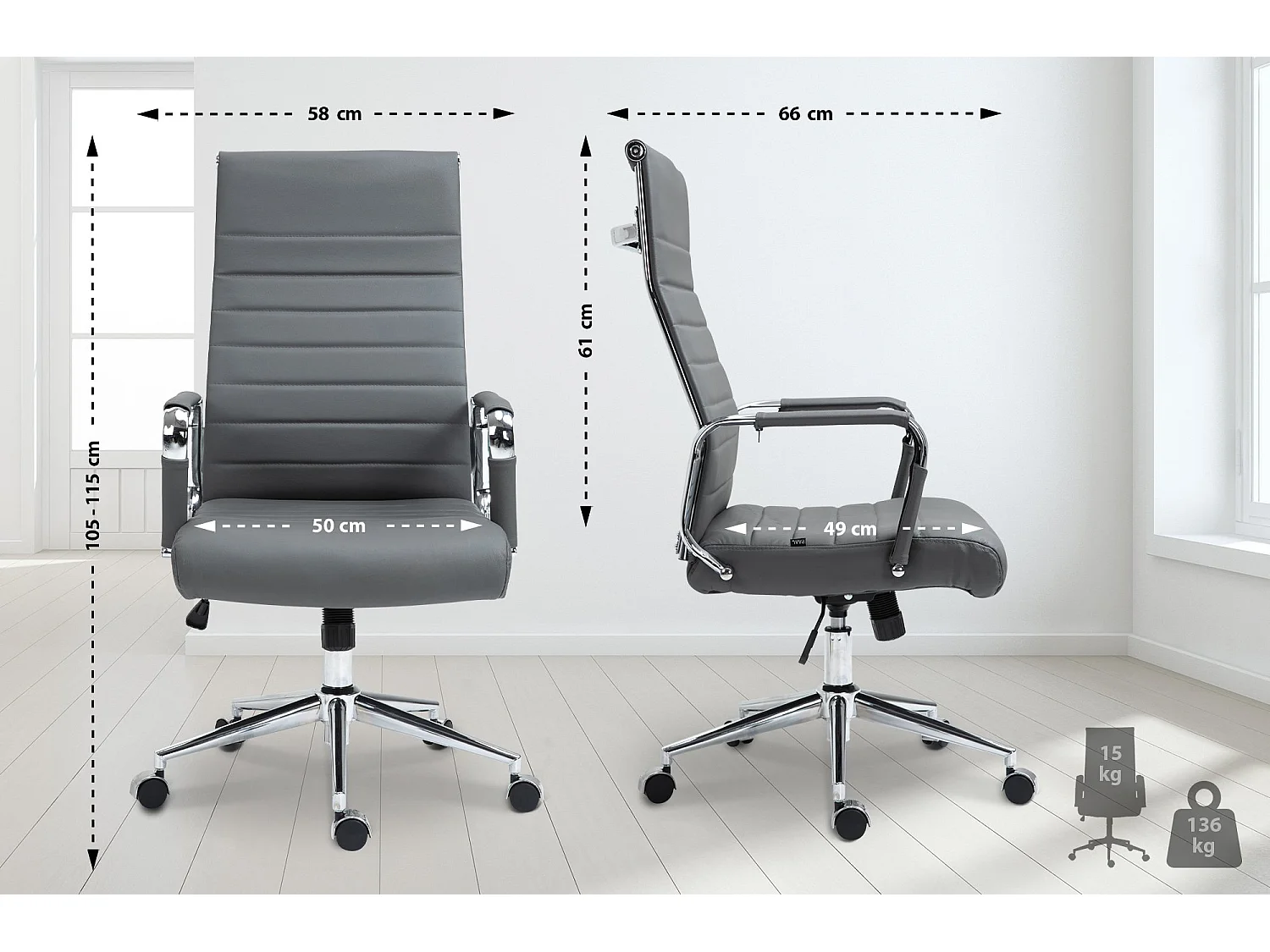 Chaise de bureau - Véritable cuir & Gris - Gris - Kolumbus