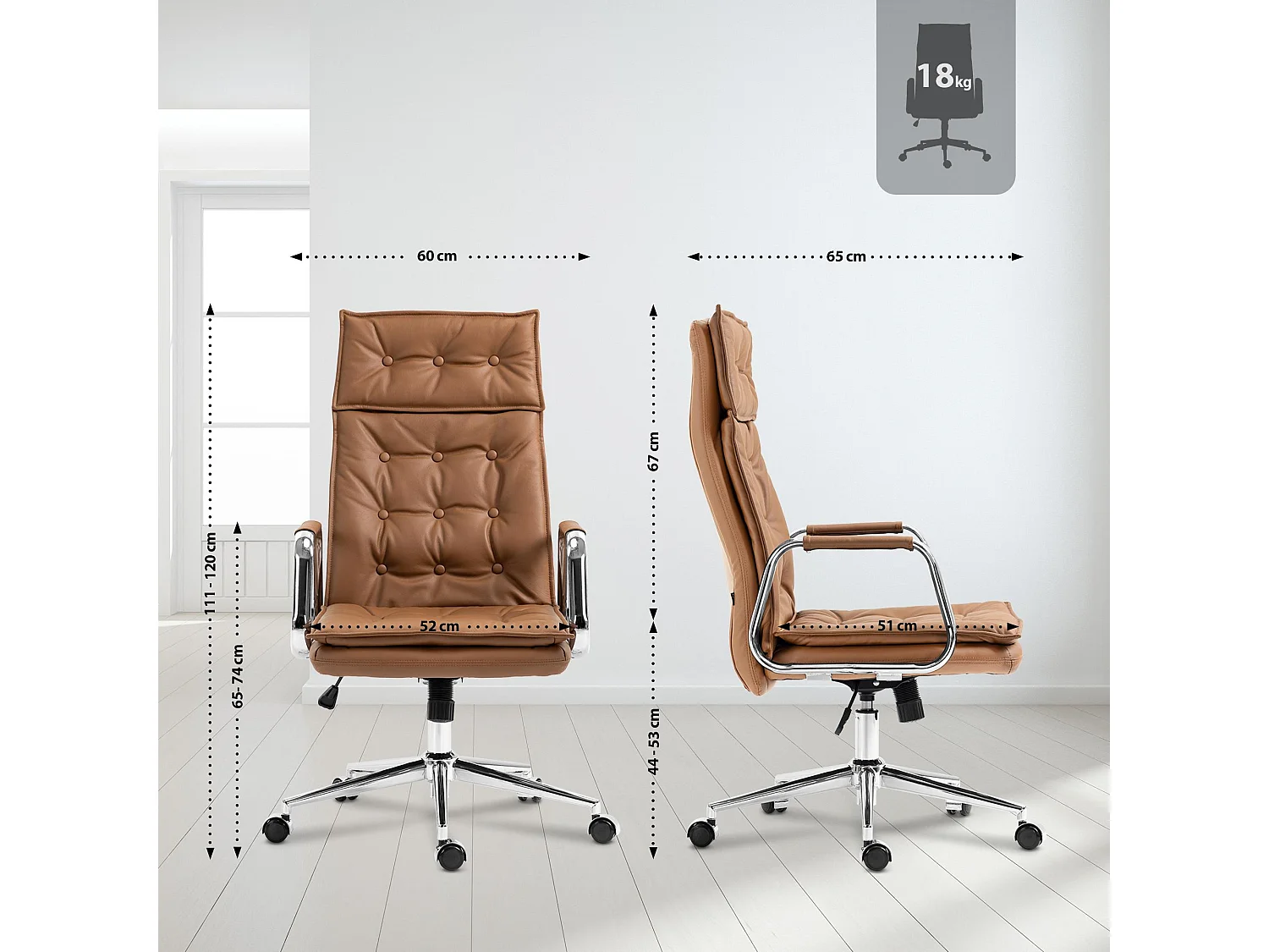 Chaise de bureau - Véritable cuir - Marron clair - Sotira