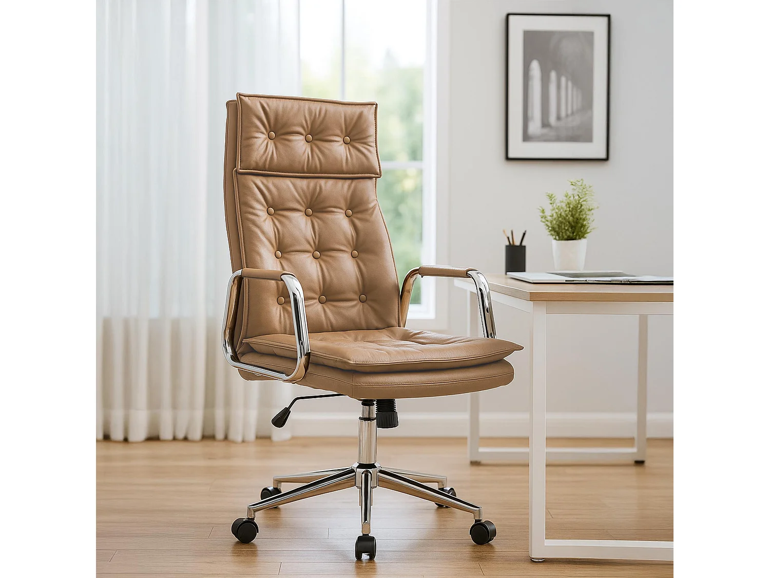 Chaise de bureau - Véritable cuir - Marron clair - Sotira