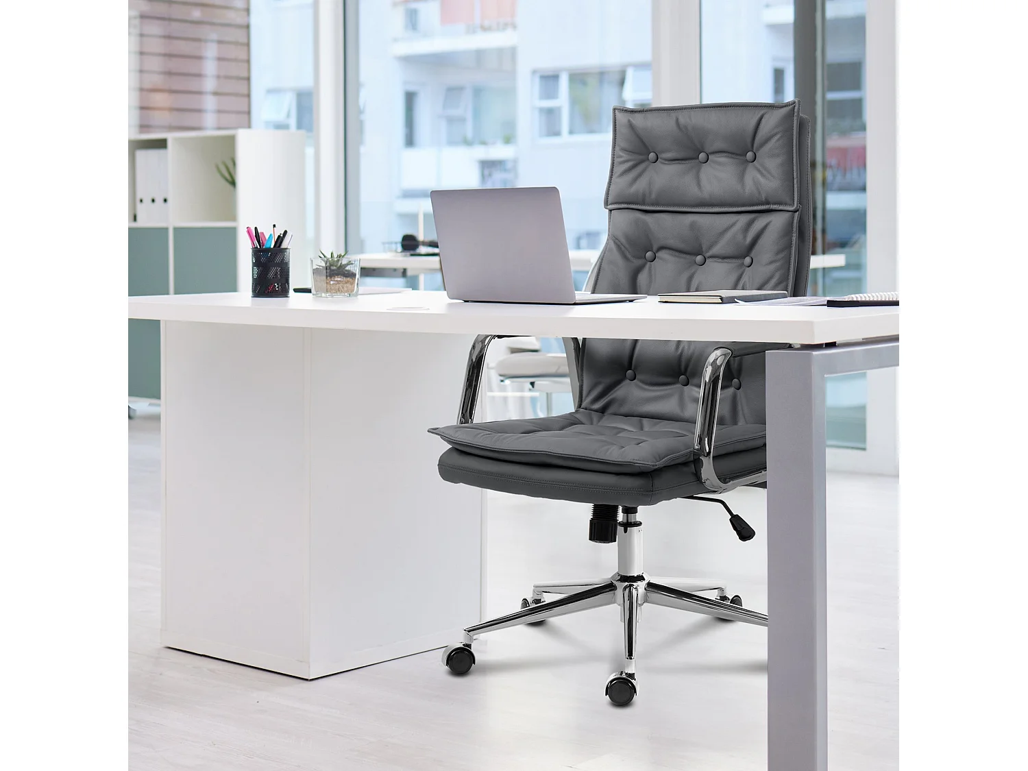 Chaise de bureau - Véritable cuir & Métal chromé - Gris - Sotira