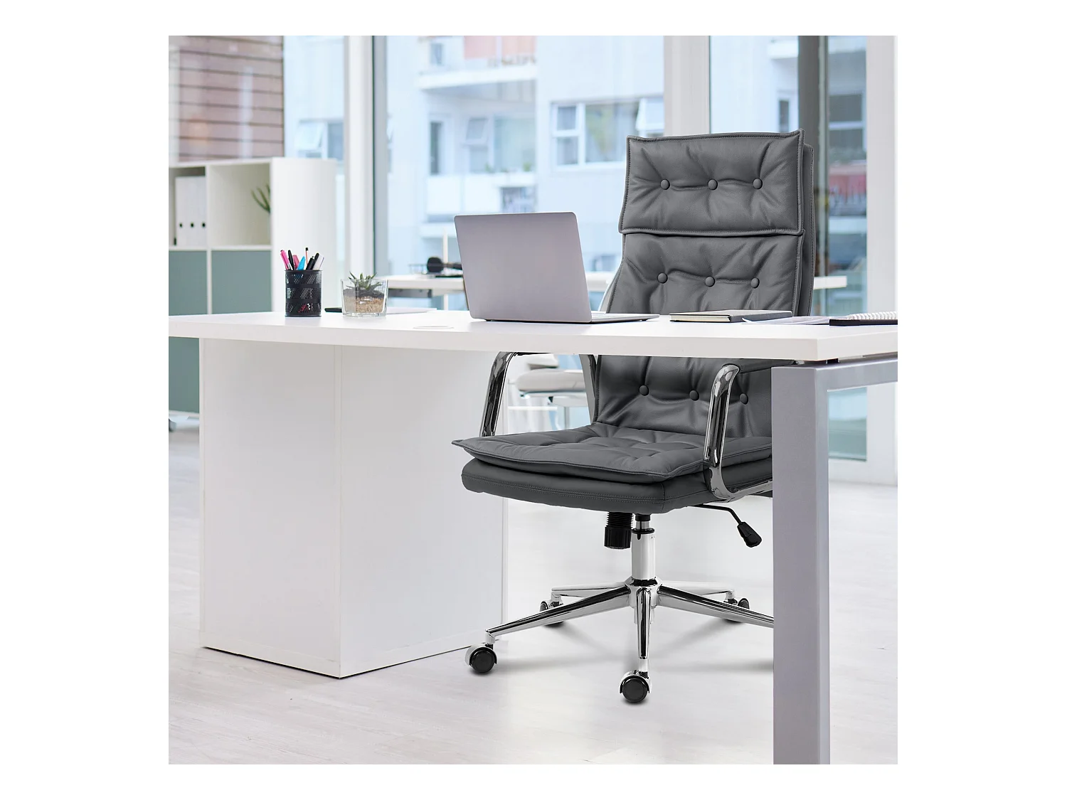 Chaise de bureau - Véritable cuir & Métal chromé - Gris - Sotira