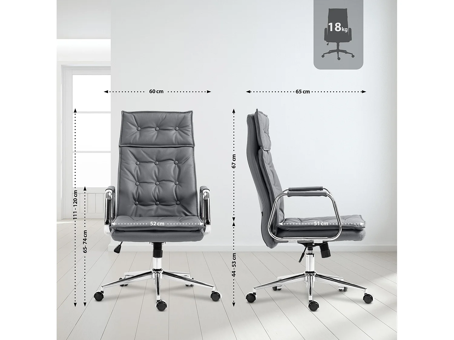 Chaise de bureau - Véritable cuir - Gris - Sotira