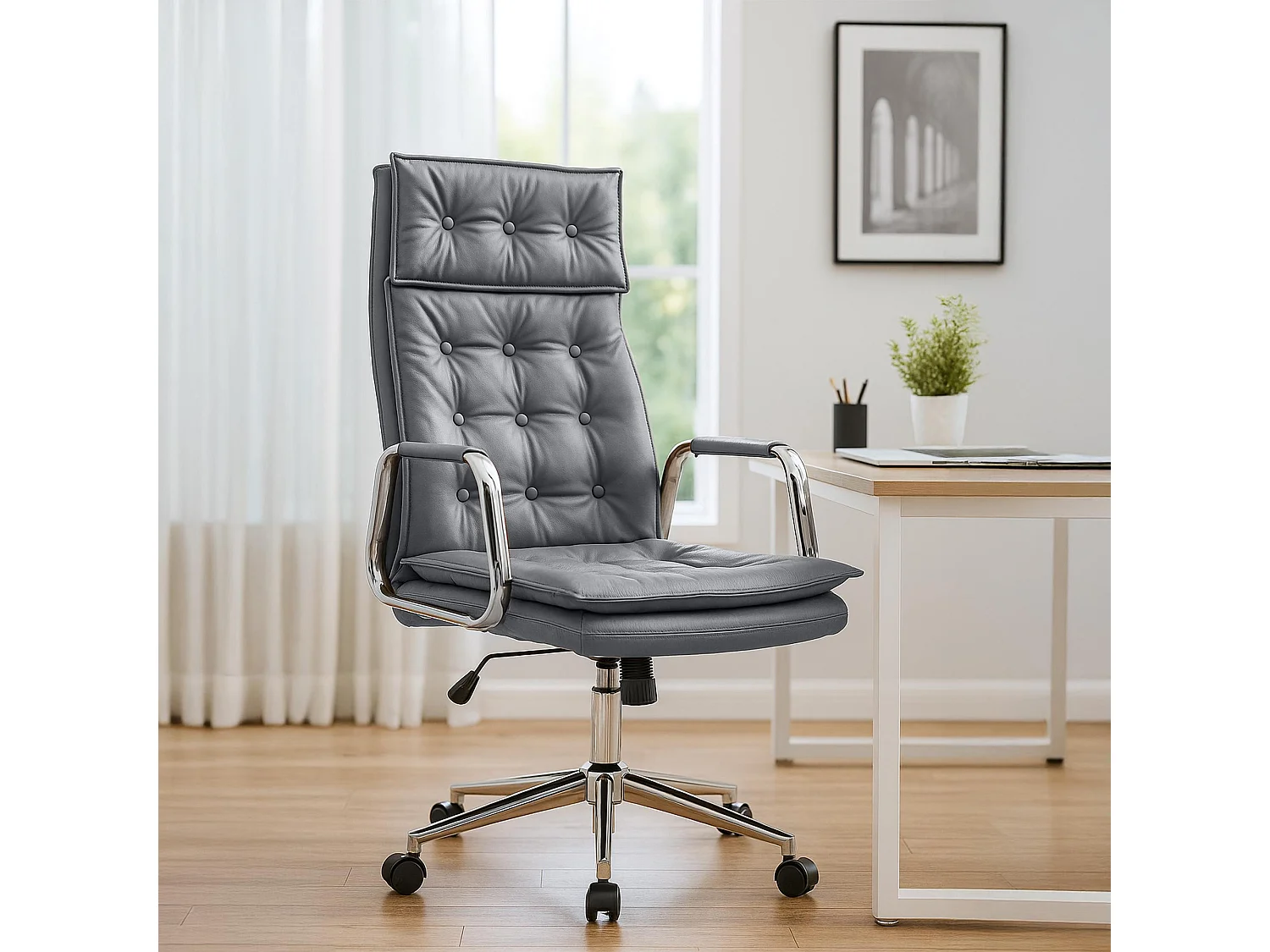 Chaise de bureau - Véritable cuir - Gris - Sotira
