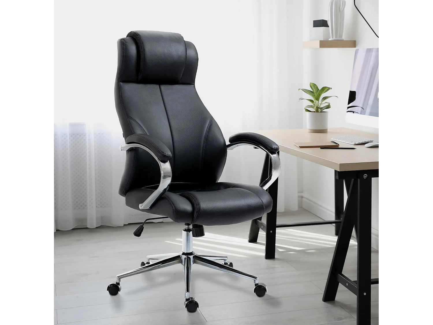 Chaise de bureau - Véritable cuir & Noir - Noir - Salford