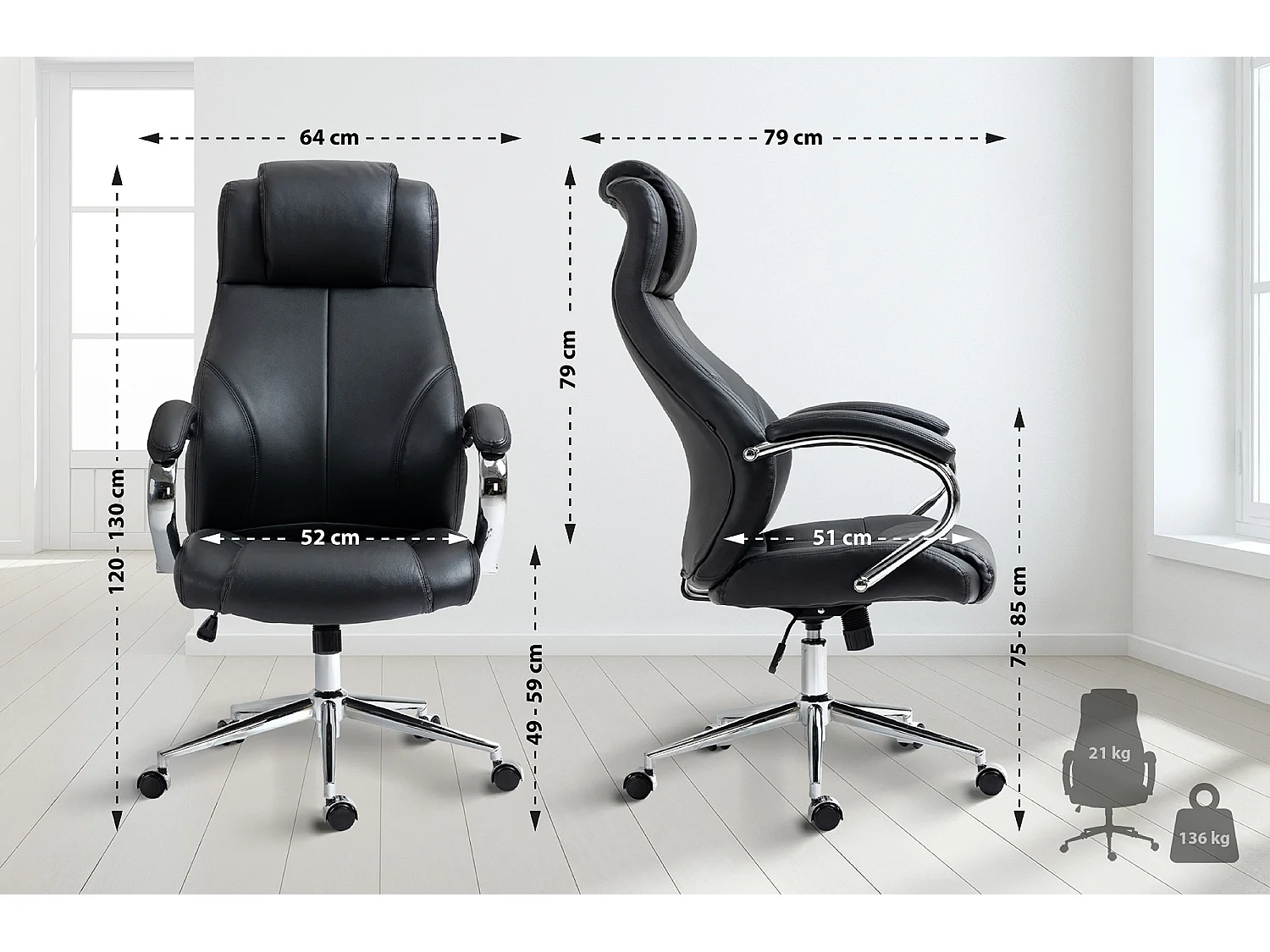 Chaise de bureau - Véritable cuir & Blanc - Noir - Salford