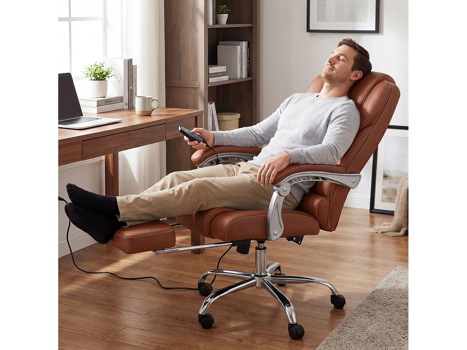 Chaise de bureau - Véritable cuir - Marron clair - Pacific