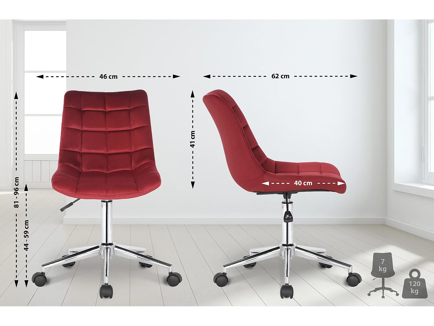 Chaise de bureau - Velours - Rouge - Medford