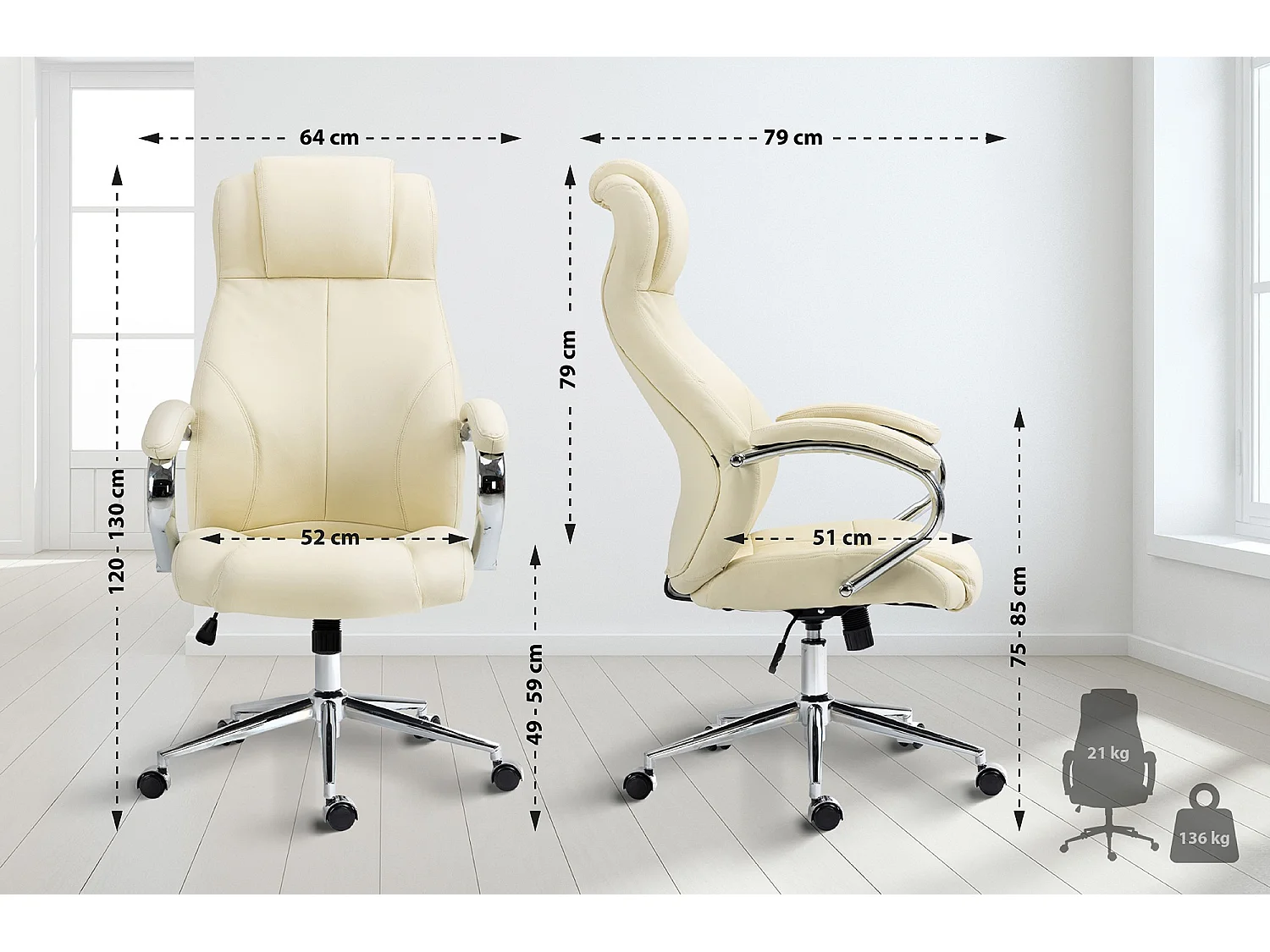 Chaise de bureau - Véritable cuir & Noir - Crème - Salford