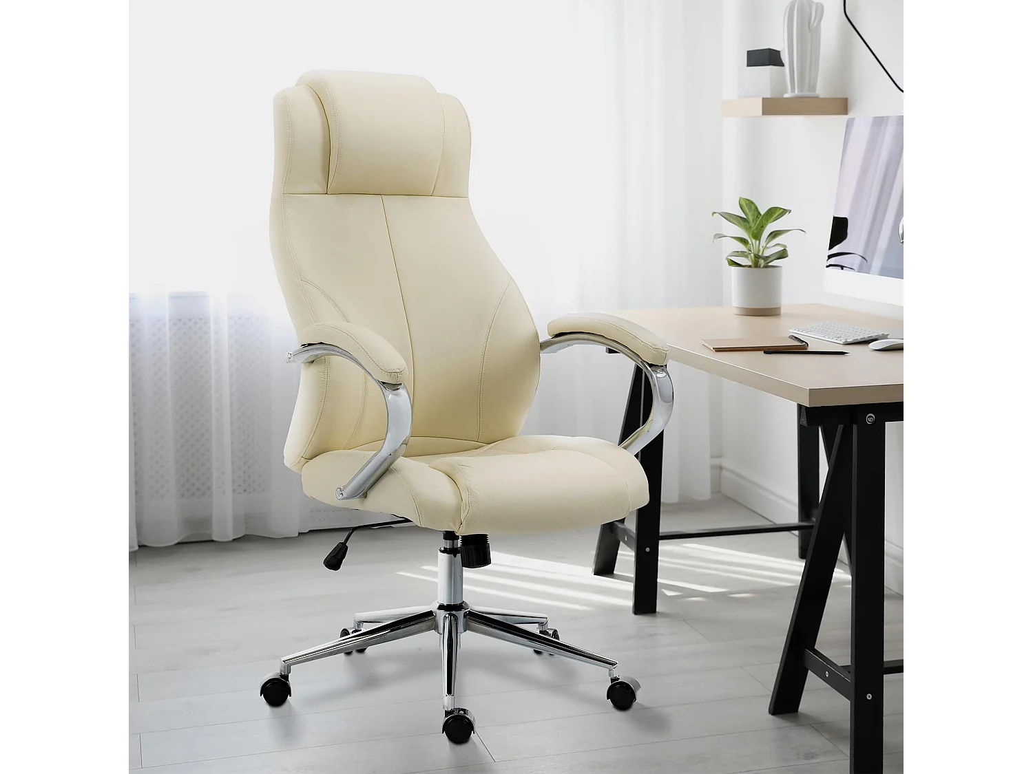 Chaise de bureau - Véritable cuir & Noir - Crème - Salford