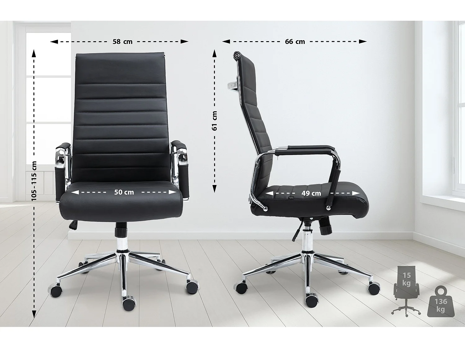 Chaise de bureau - Véritable cuir & Gris - Noir - Kolumbus