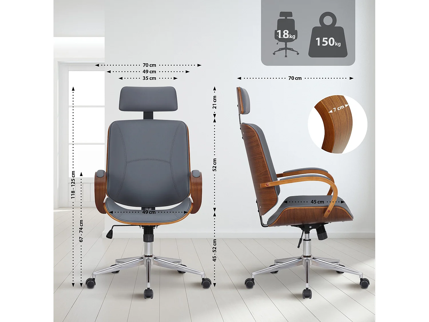 Chaise de bureau - Similicuir - Noyer / Gris - Dayton