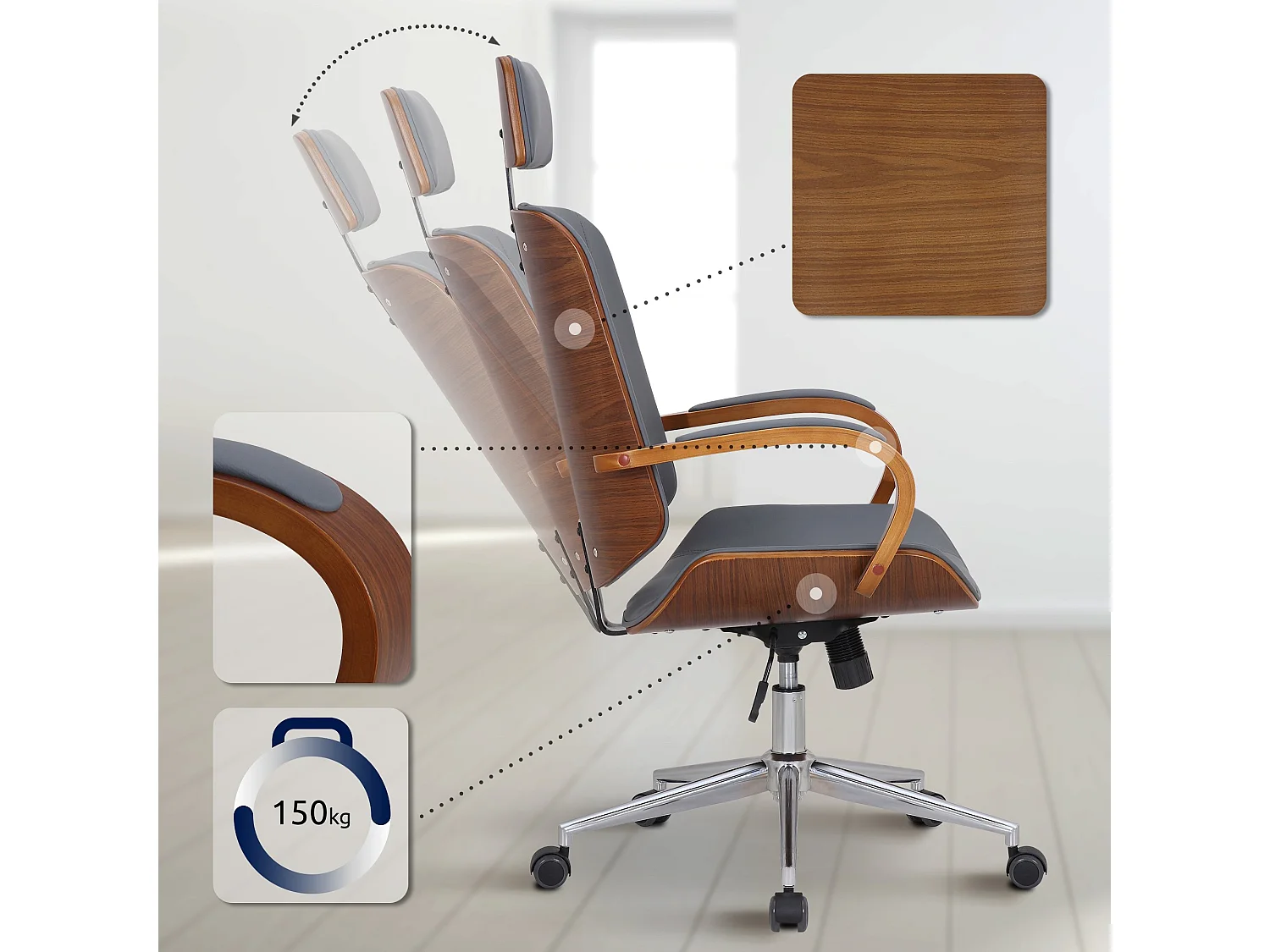 Chaise de bureau - Similicuir - Noyer / Gris - Dayton