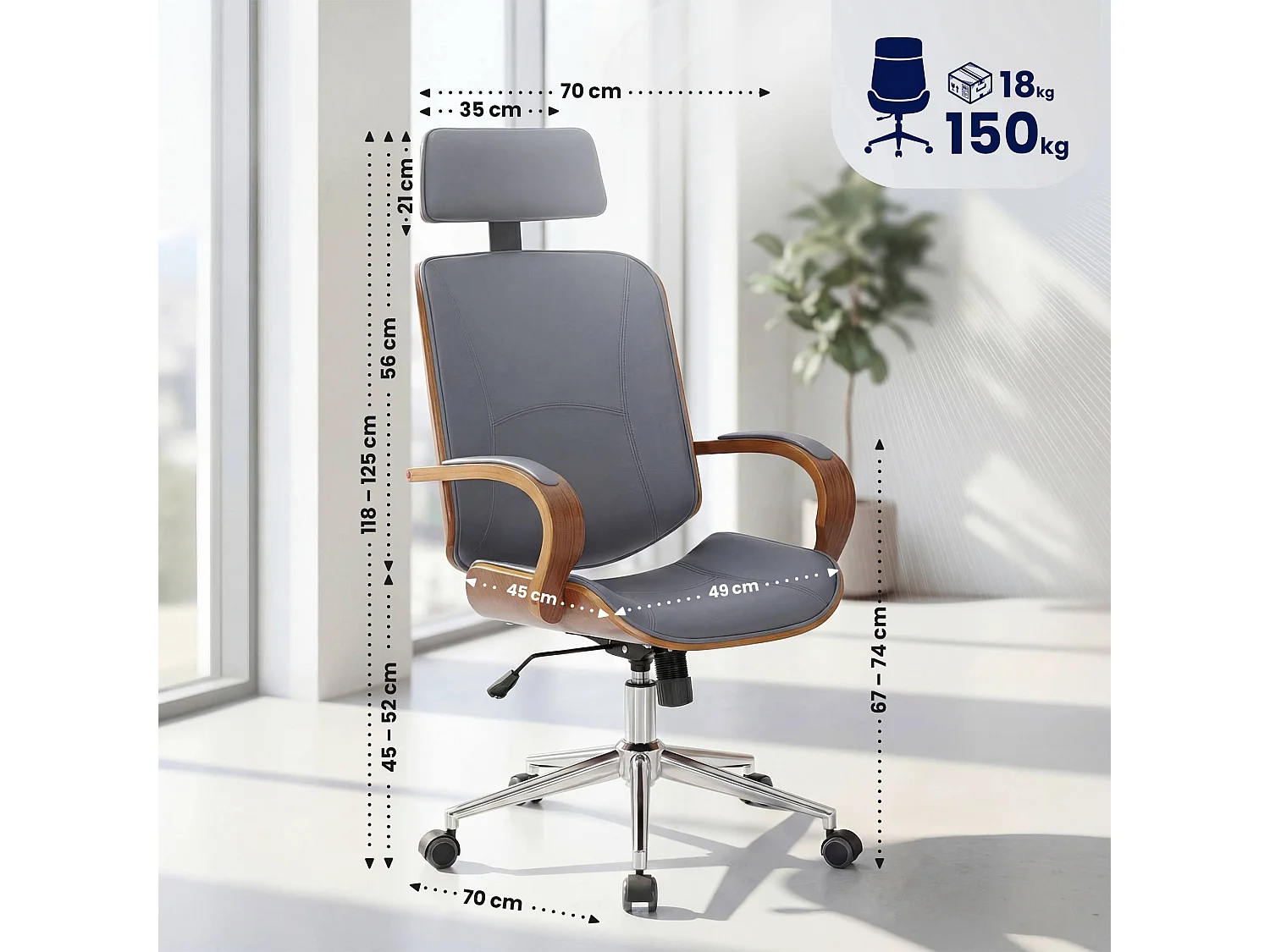 Chaise de bureau - Similicuir - Noyer / Gris - Dayton