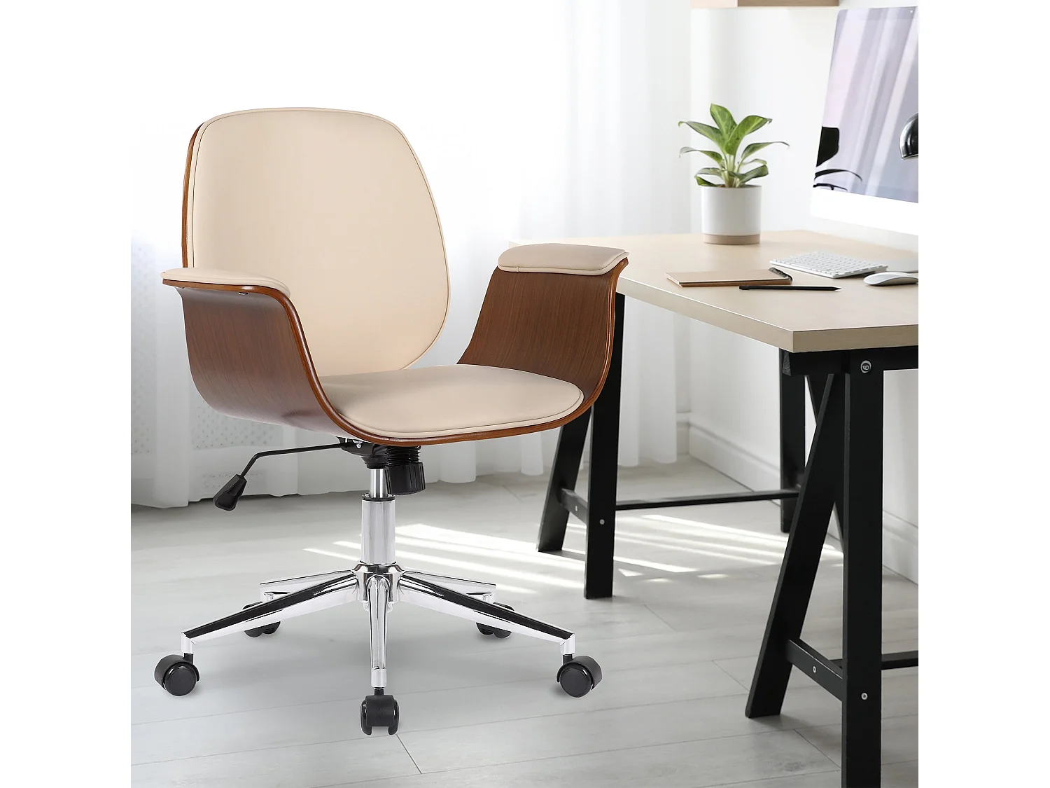 Chaise de bureau - Bois & Métal - Noyer / Crème - Kemberg