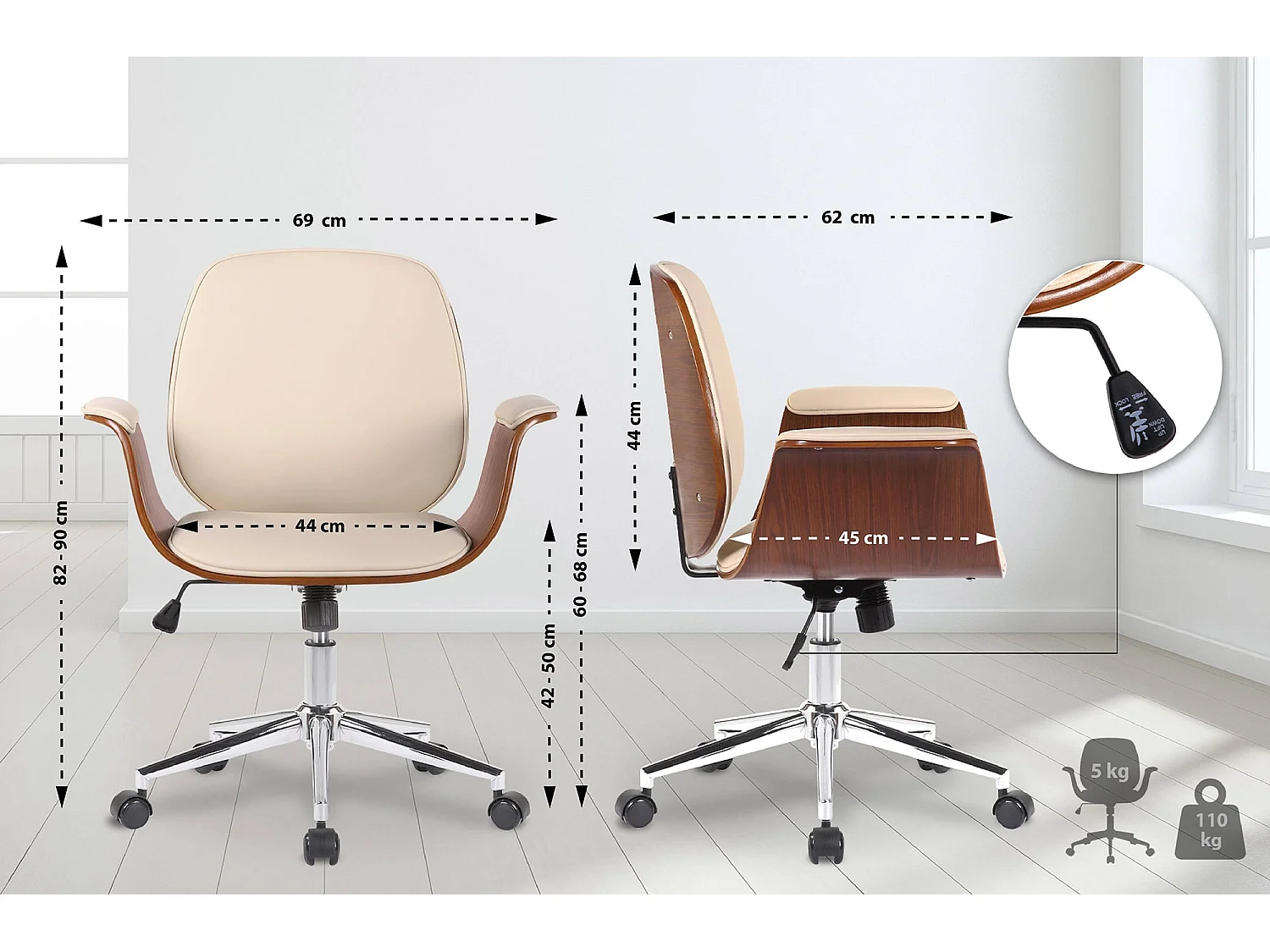 Chaise de bureau - Bois & Métal - Noyer / Crème - Kemberg