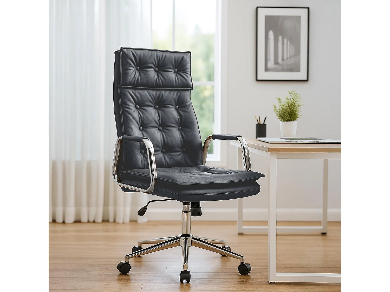 Chaise de bureau - Véritable cuir - Noir - Sotira