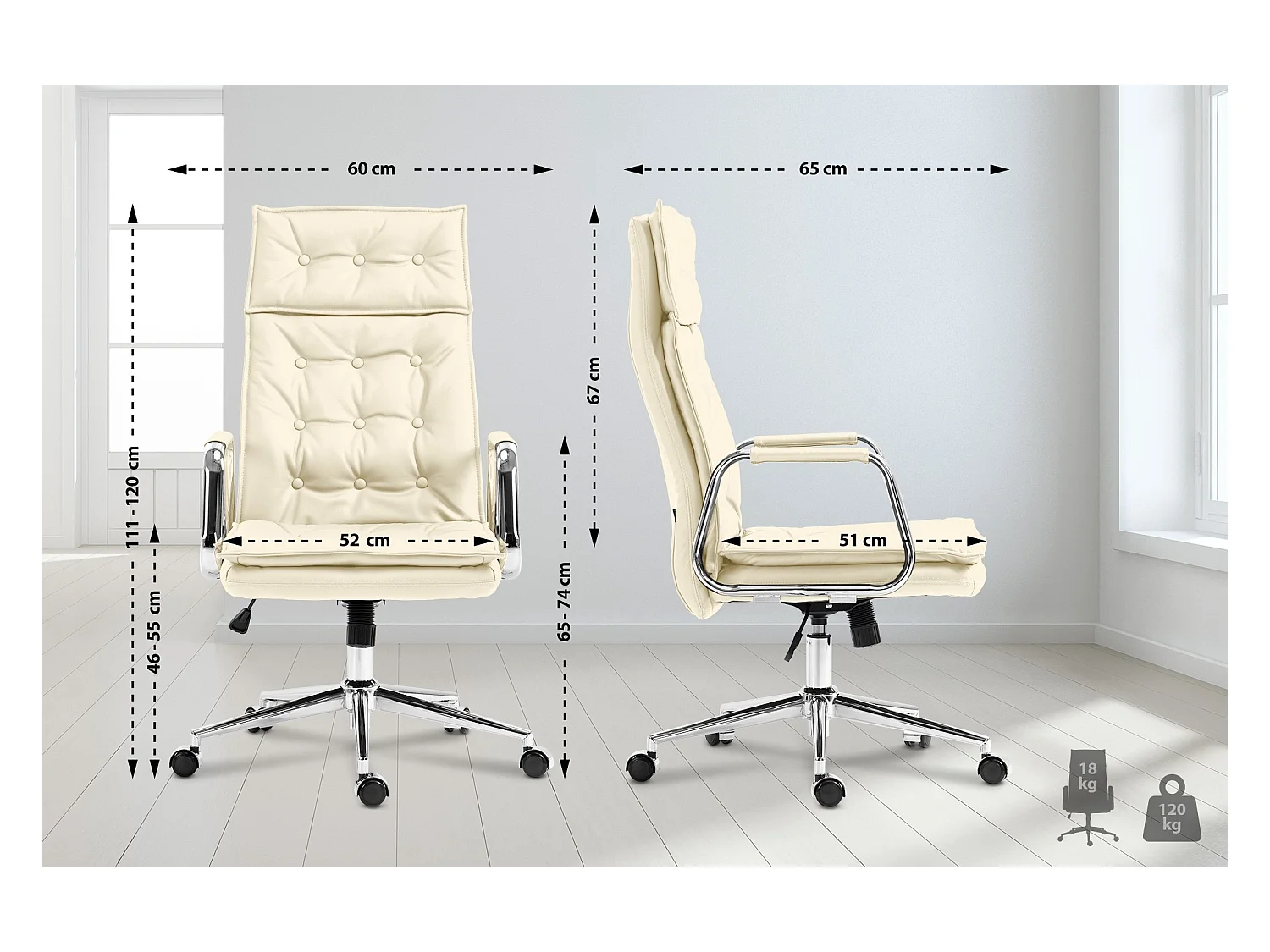 Chaise de bureau - Véritable cuir & Métal chromé - Crème - Sotira